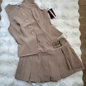 Tan Pinstripe Sleeveless Top and Skirt Set